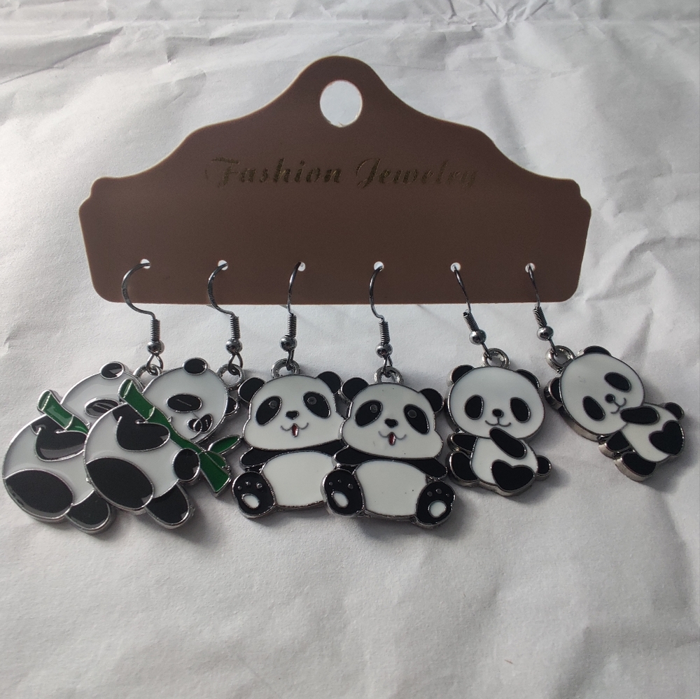 🆕 3 Pairs Panda Hand Crafted 925 sterling Silver Fishhook Dangle Earrings
